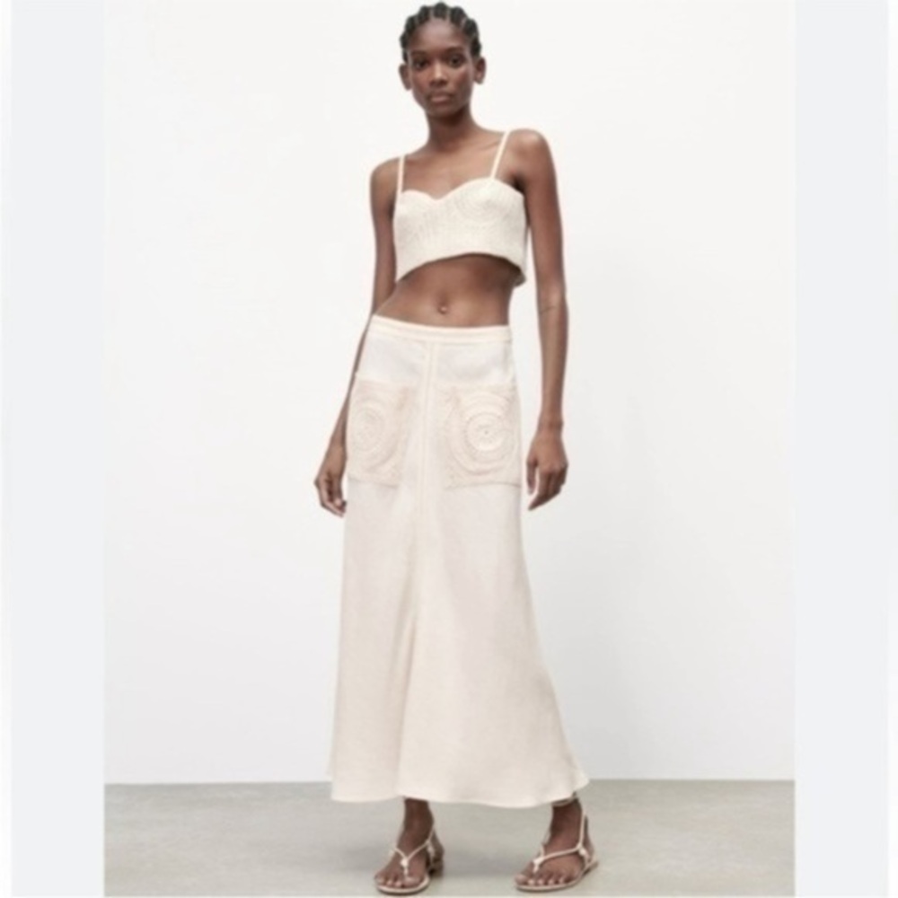 New Zara Highrise Linen Blend Oyster White Midi Skirt